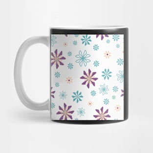 Geometric flowers in teal and purple on white background Mug